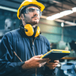 Ouvrier avec casque, lunettes, tablette numérique en usine.
