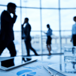 Employés marchant dans un bureau moderne.