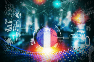 Technologie avec globe et couleurs de la France.