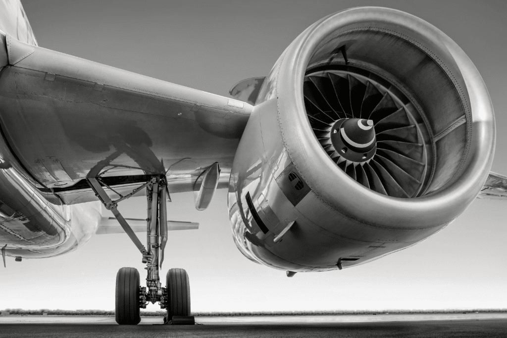 Moteur et train d’atterrissage d’un avion.