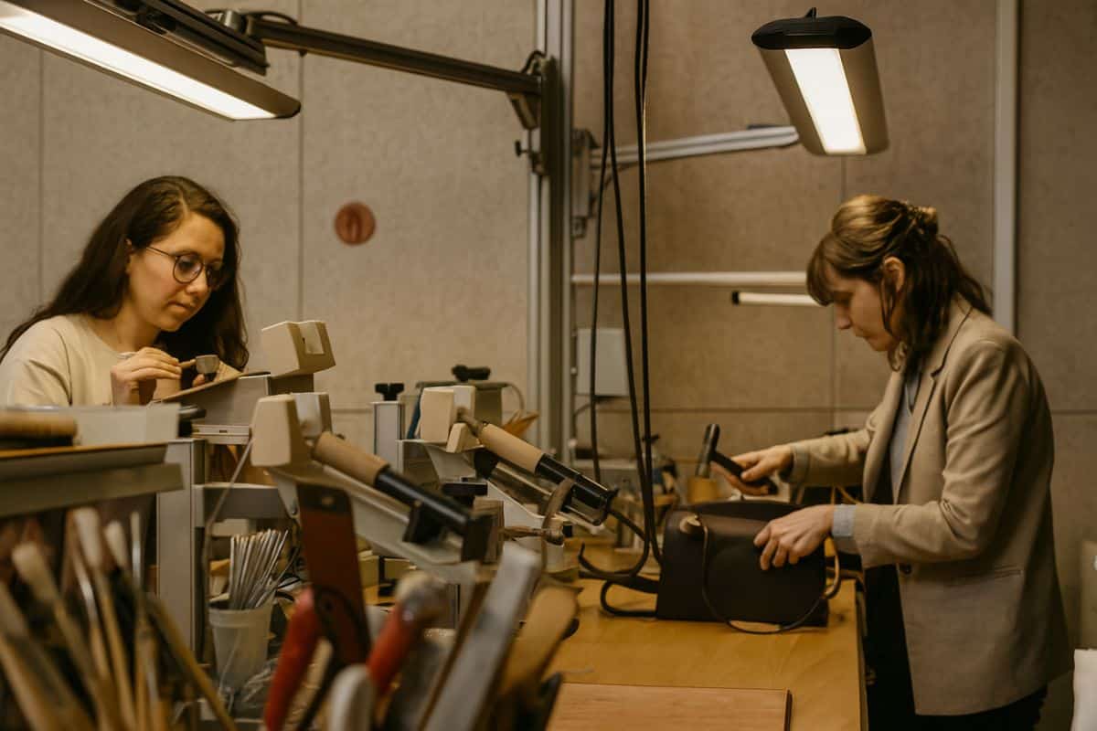 Deux femmes travaillent sur des objets en cuir.