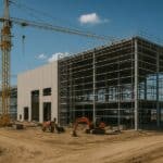 Chantier de construction avec grues et bâtiment.