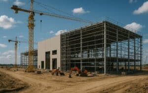Chantier de construction avec grues et bâtiment.
