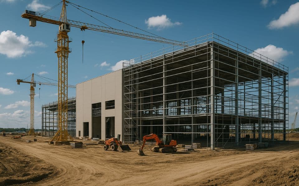 Chantier de construction avec grues et bâtiment.