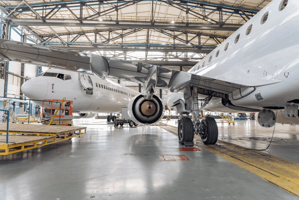 Avions stationnés dans un hangar d'entretien.