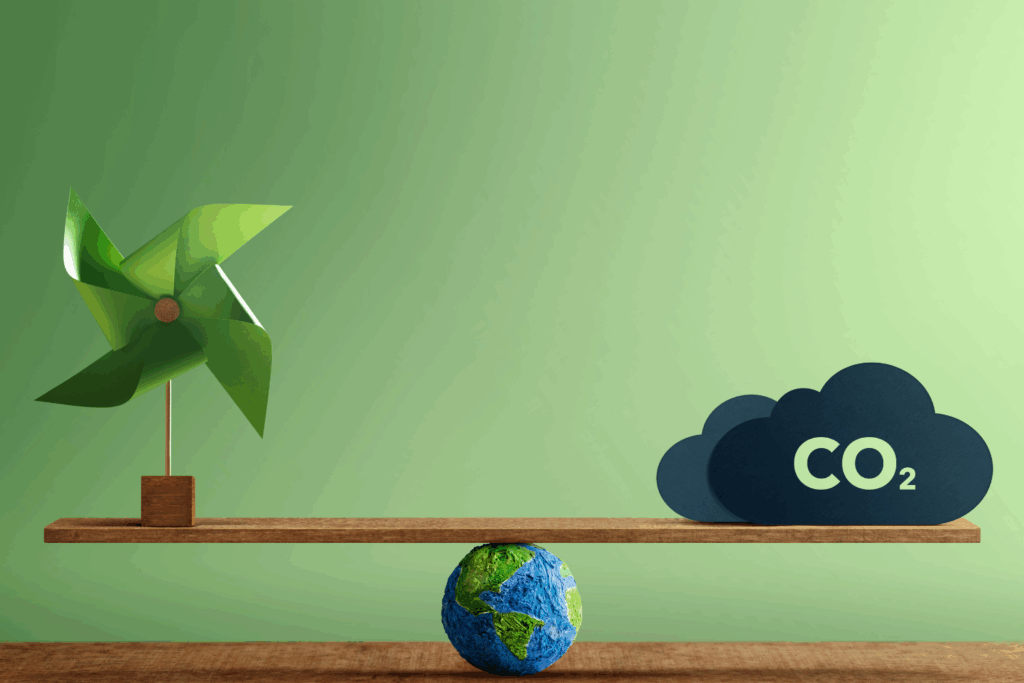 Balance écologique, éolienne contre CO2, Terre dessous.