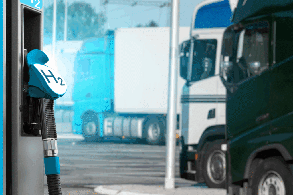 Pompe hydrogène avec camions en arrière-plan.