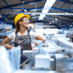 Ouvrière souriante dans une usine de fabrication.