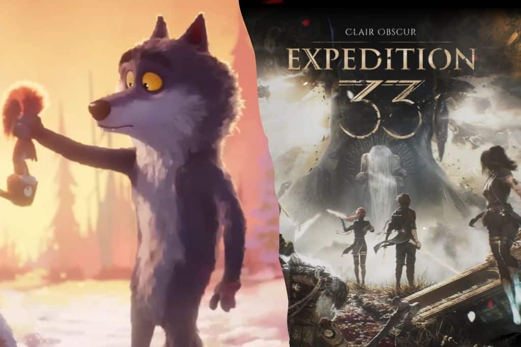 Loup animé tenant une figurine, affiche de jeu vidéo.