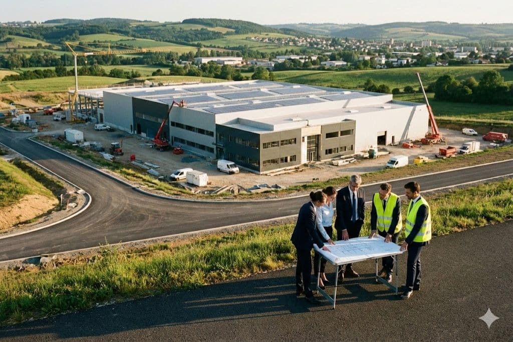 Réunion extérieure devant un bâtiment industriel en construction.