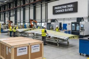 Ouvriers assemblent pièce d'avion dans usine moderne.