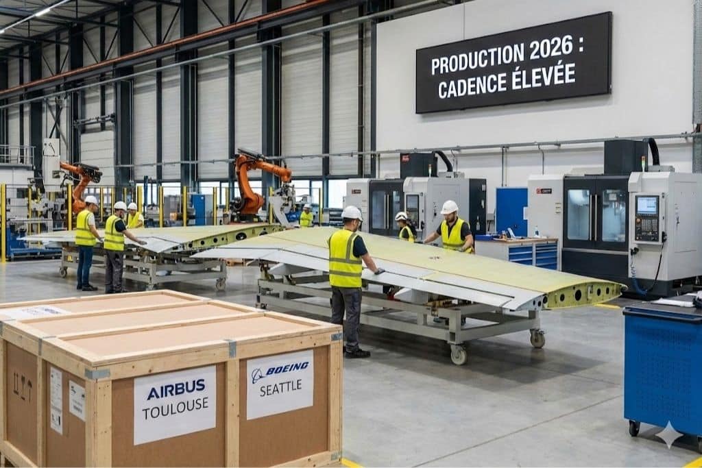Ouvriers assemblent pièce d'avion dans usine moderne.