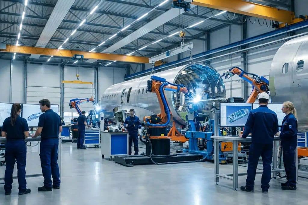 Usine avec robots assemblant un fuselage d'avion.