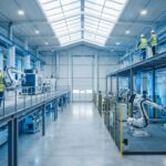 Atelier industriel moderne avec robots et techniciens, symbole des investissements cofinancés par l'Europe