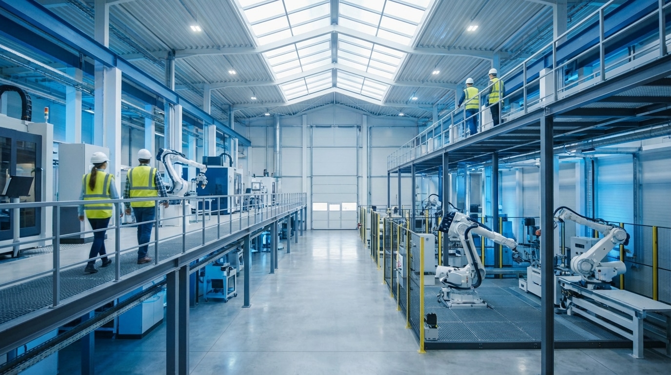 Atelier industriel moderne avec robots et techniciens, symbole des investissements cofinancés par l'Europe