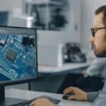 Homme travaillant sur ordinateur, circuit imprimé visible.