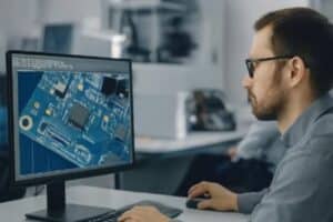 Homme travaillant sur ordinateur, circuit imprimé visible.