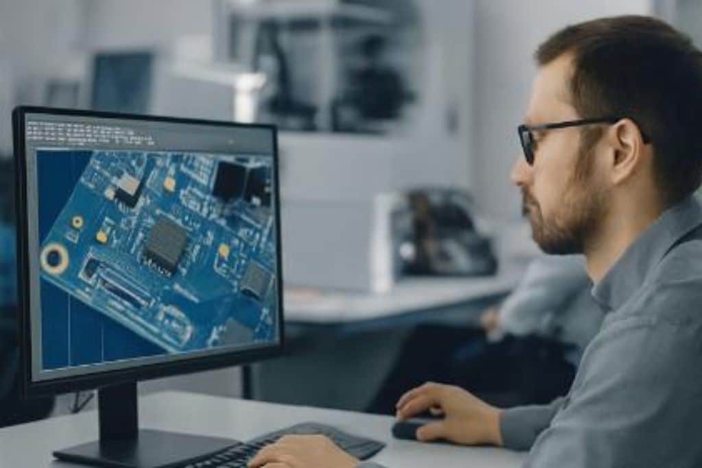 Homme travaillant sur ordinateur, circuit imprimé visible.