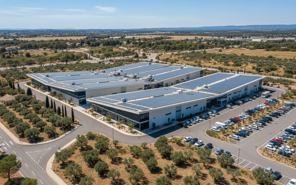 Vue extérieure des nouveaux studios de production V Studios de France Télévisions à Vendargues près de Montpellier