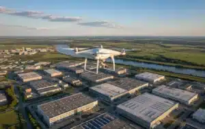 Drone professionnel survolant la ville de Rouen et la Seine en Normandie