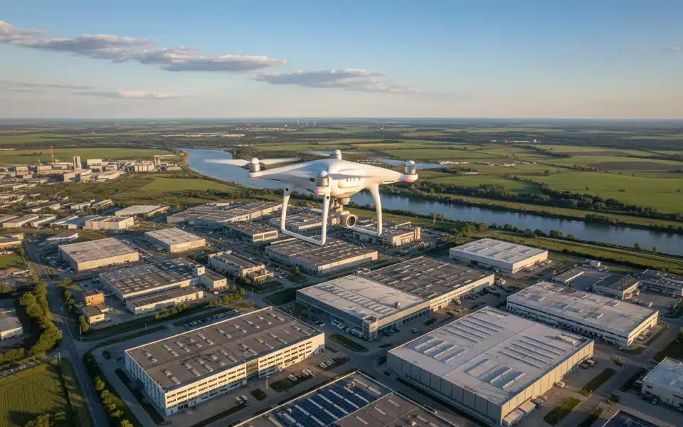 Drone professionnel survolant la ville de Rouen et la Seine en Normandie
