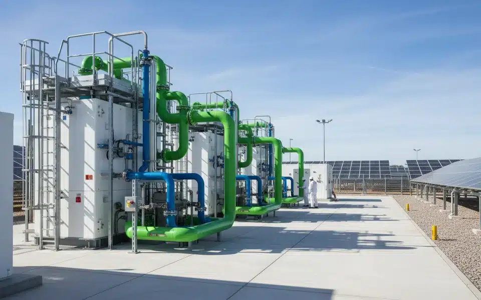 Site de production d'hydrogène vert avec électrolyseurs dans une zone industrielle portuaire en France