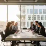 Équipe de salariés en réunion dans un nouveau site industriel moderne lors d un transfert de mobilité interne