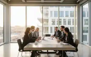 Équipe de salariés en réunion dans un nouveau site industriel moderne lors d un transfert de mobilité interne