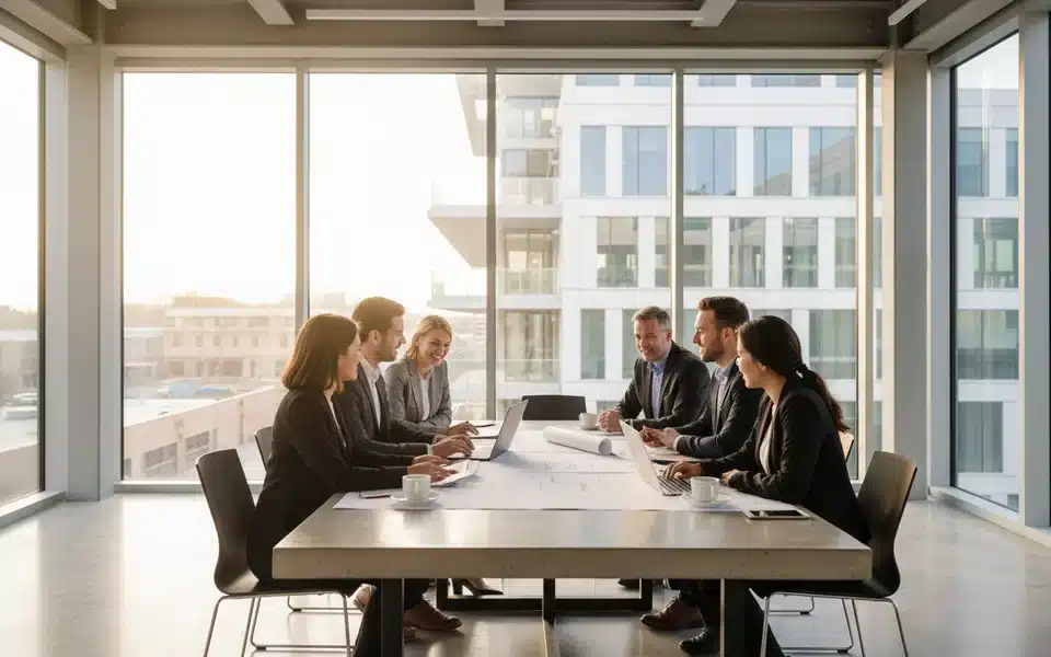 Équipe de salariés en réunion dans un nouveau site industriel moderne lors d'un transfert de mobilité interne