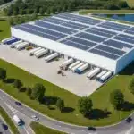 Plateforme logistique moderne avec quais de chargement et camions dans une zone activités en France