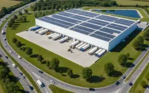 Plateforme logistique moderne avec quais de chargement et camions dans une zone activités en France