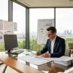 Dirigeant entreprise preparant un dossier de subvention avec documents financiers et calendrier de planification