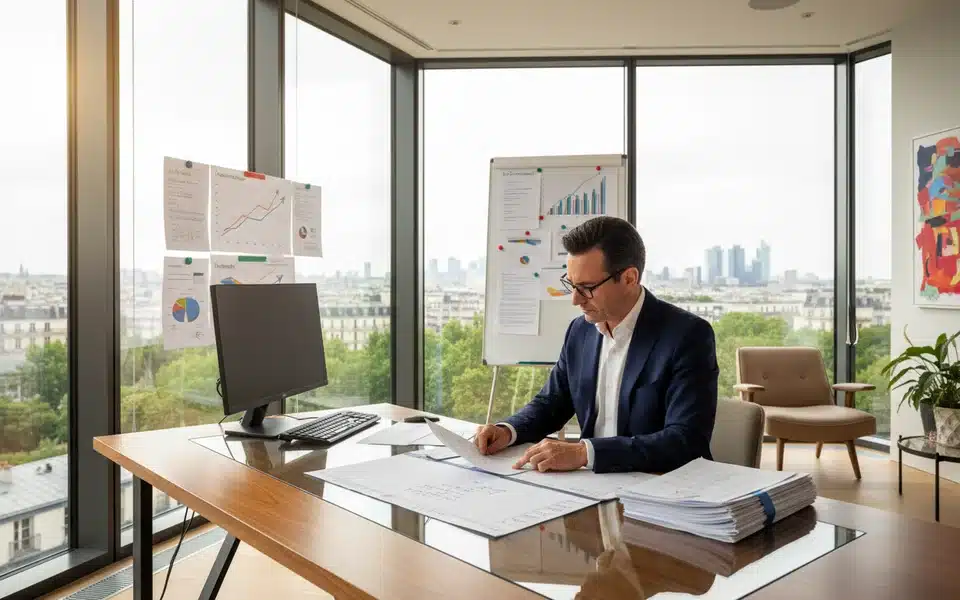 Dirigeant d'entreprise préparant un dossier de subvention avec des documents financiers et un calendrier de planification