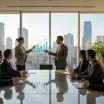 Dirigeants entreprise en reunion avec investisseurs autour table negociation avec graphiques financiers et pitch deck