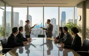 Dirigeants entreprise en reunion avec investisseurs autour table negociation avec graphiques financiers et pitch deck