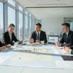 Equipe dirigeante analysant une carte de France avec des indicateurs de performance territoriale pour choisir un site implantation