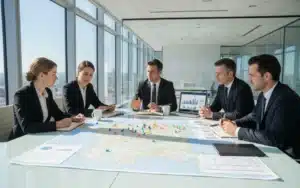 Equipe dirigeante analysant une carte de France avec des indicateurs de performance territoriale pour choisir un site implantation