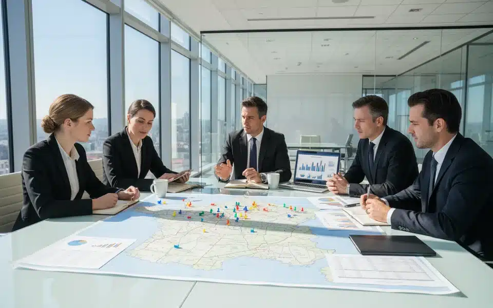 Équipe dirigeante analysant une carte de France avec des indicateurs de performance territoriale pour choisir un site d'implantation