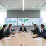 Salle de réunion d'entreprise avec écrans affichant des graphiques ESG et tableaux de bord de reporting extra-financier