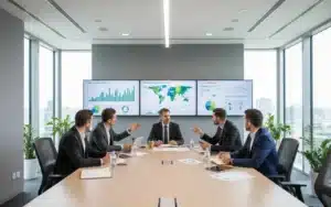 Salle de réunion d'entreprise avec écrans affichant des graphiques ESG et tableaux de bord de reporting extra-financier