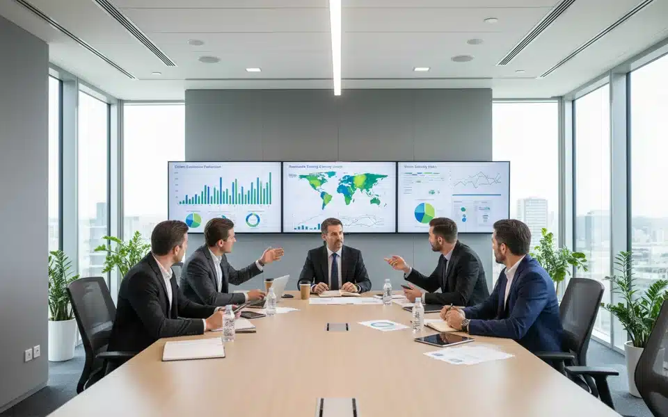 Salle de réunion d'entreprise avec écrans affichant des graphiques ESG et tableaux de bord de reporting extra-financier