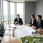 Réunion de négociation foncière entre un porteur de projet industriel et des représentants d une collectivité locale autour d un plan d aménagement