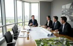 Réunion de négociation foncière entre un porteur de projet industriel et des représentants d une collectivité locale autour d un plan d aménagement