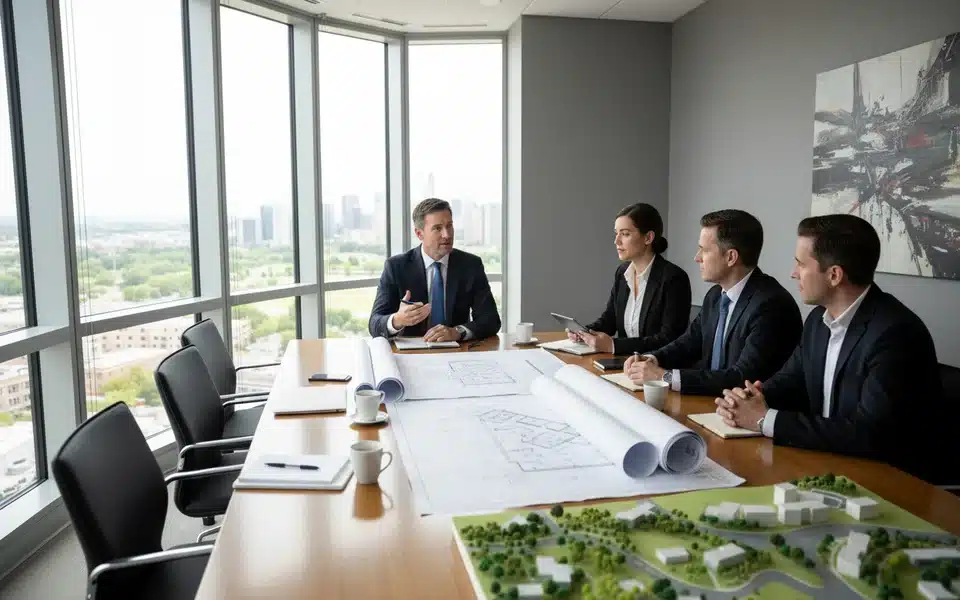 Réunion de négociation foncière entre un porteur de projet industriel et des représentants d'une collectivité locale autour d'un plan d'aménagement