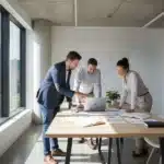 Trois cofondateurs réunis autour d une table de travail dans un bureau lumineux