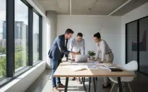 Trois cofondateurs réunis autour d une table de travail dans un bureau lumineux