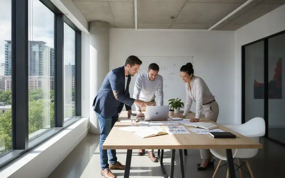 Trois cofondateurs réunis autour d'une table de travail dans un espace de bureau lumineux, en pleine réflexion stratégique