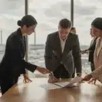 Dirigeant et partenaires examinant un contrat de prestation et de sous-traitance