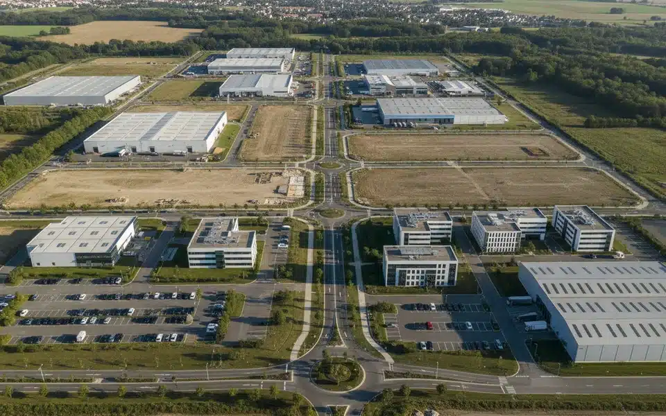 Zone d'activités économiques avec terrains industriels, locaux d'activités et bâtiments d'entreprise vus du ciel