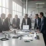 Dirigeants d une PME industrielle analysant leur gamme de produits et services pour diversifier leur offre
